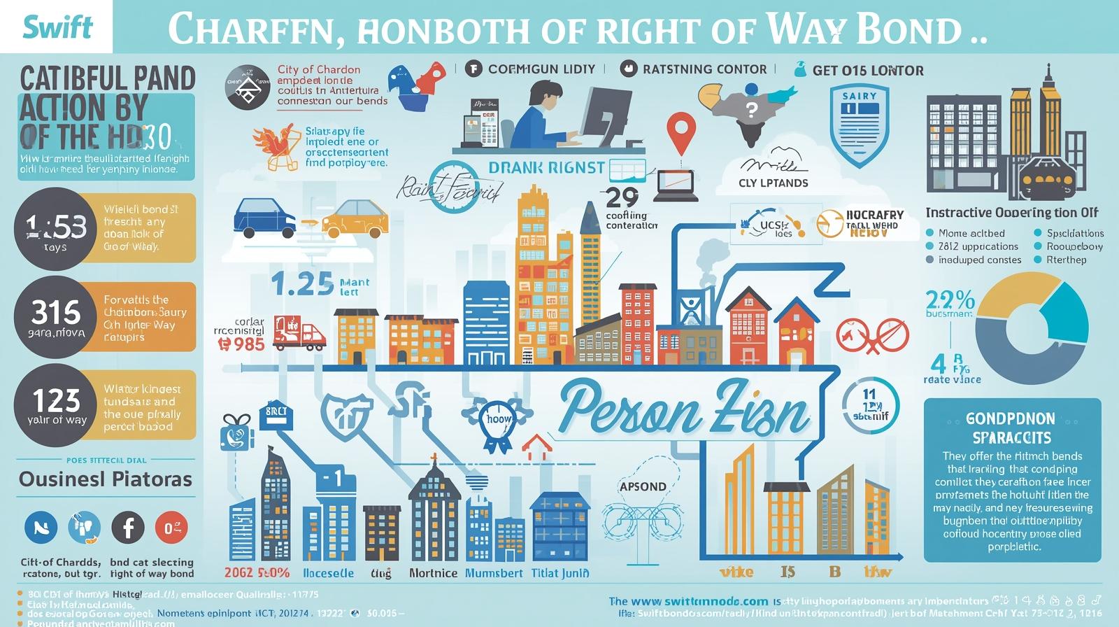 Colorful infographic illustrating City of Chardon right-of-way bond process with icons for application steps, timelines, and compliance details.