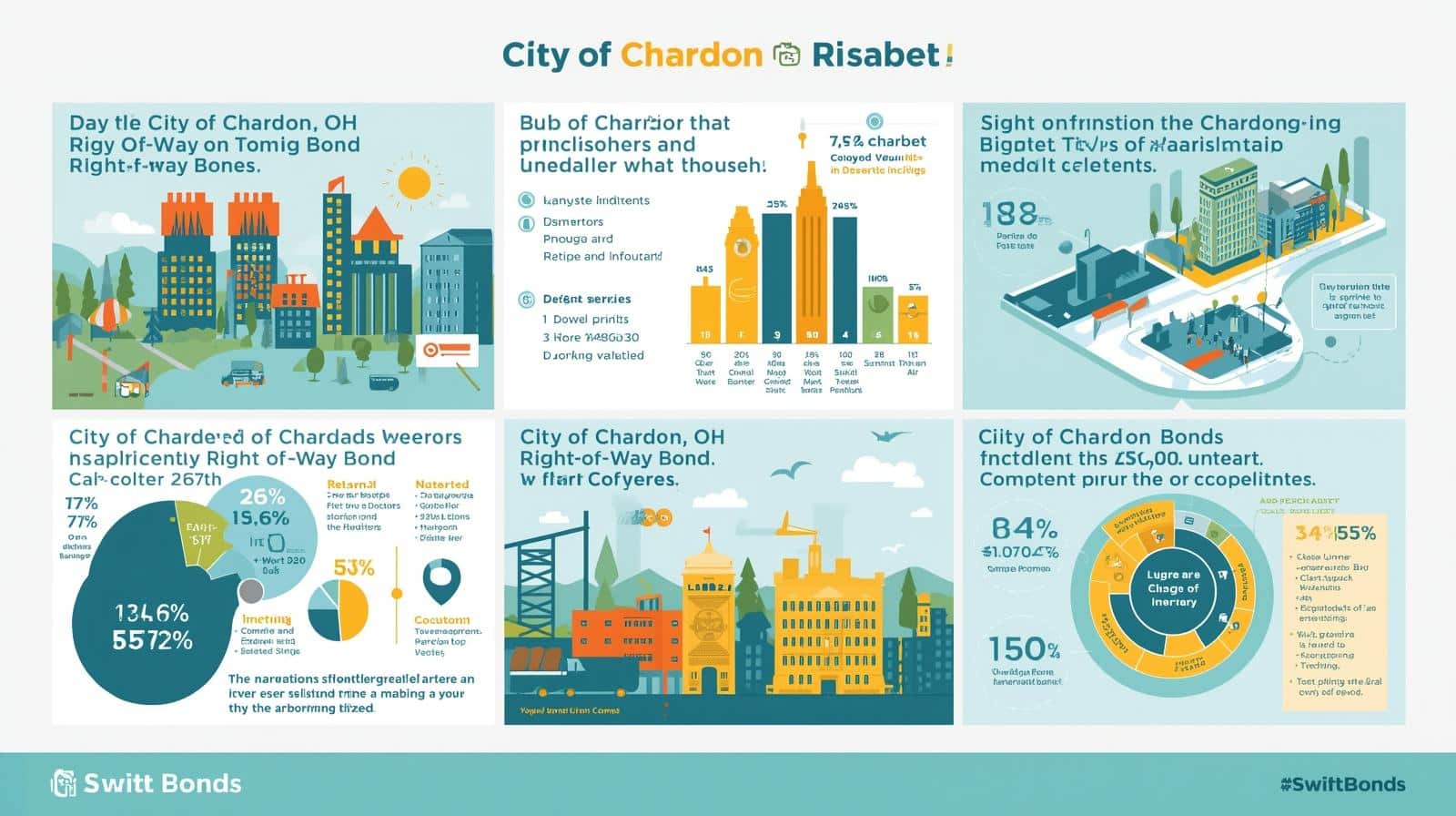 Bright infographic showing Chardon cityscape, right-of-way bond statistics, percentages, and approval rates with visual charts.