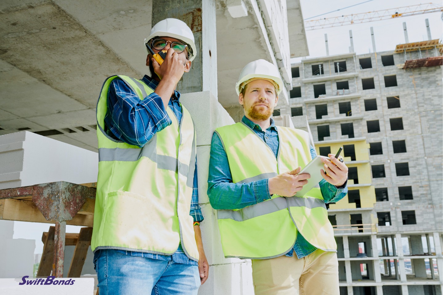 A picture of two construction workers on the job site, both wearing fluorescent vests and hard hats.