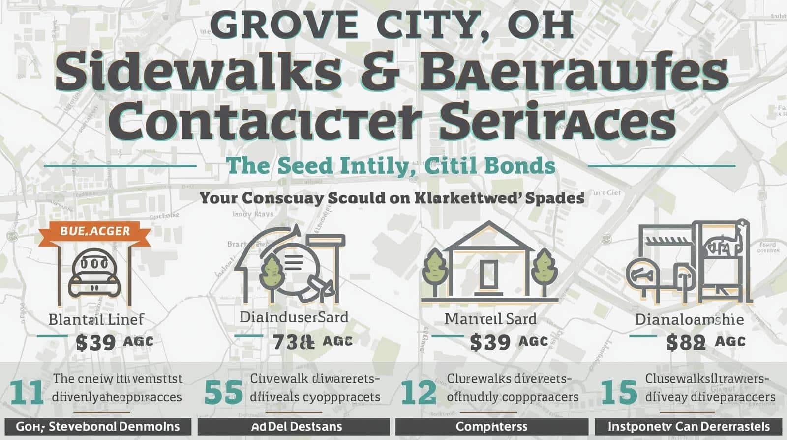 Map-style infographic showing categories and average costs for Grove City sidewalks and driveway approaches bond with contractor service icons.