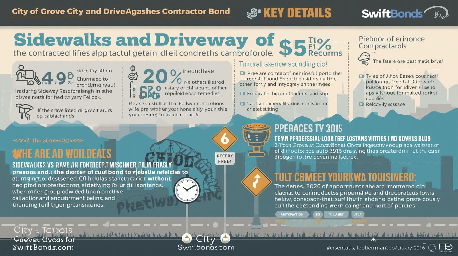 Visual breakdown of fees, statistics, and contractor obligations for sidewalks and driveway approaches bond in Grove City, OH.