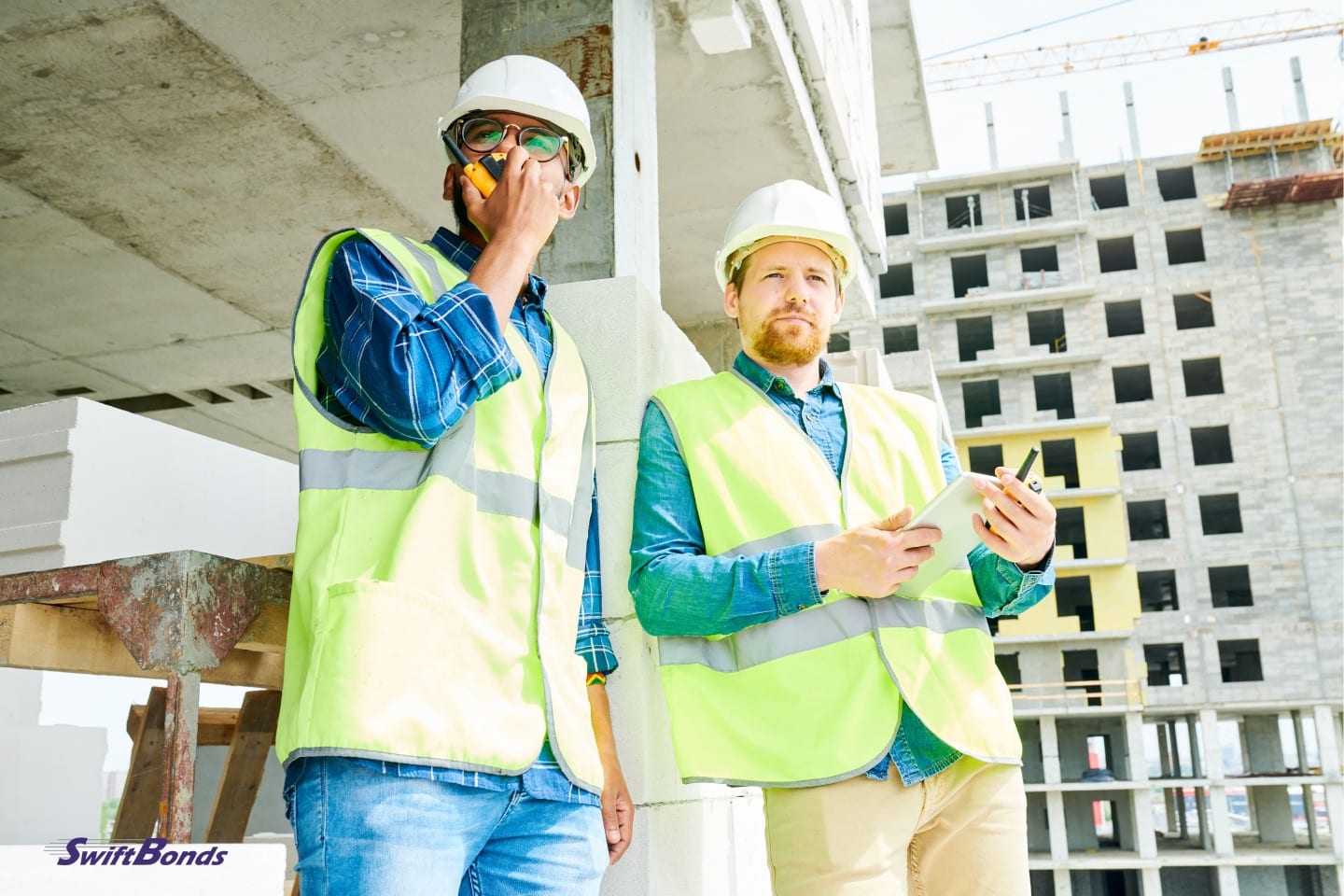 A picture of two construction workers on the job site, both donning luminous vests and hardhats.