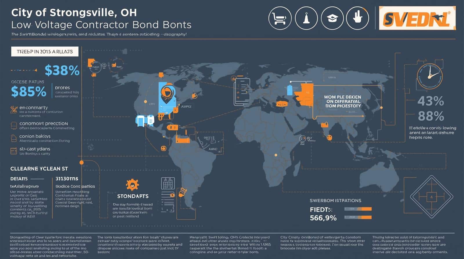 A dark-themed dashboard or infographic for City of Strongsville, OH Low Voltage Contractor Bond featuring a world map with data points, statistics showing percentages like 38% and 85%, and various charts and metrics.