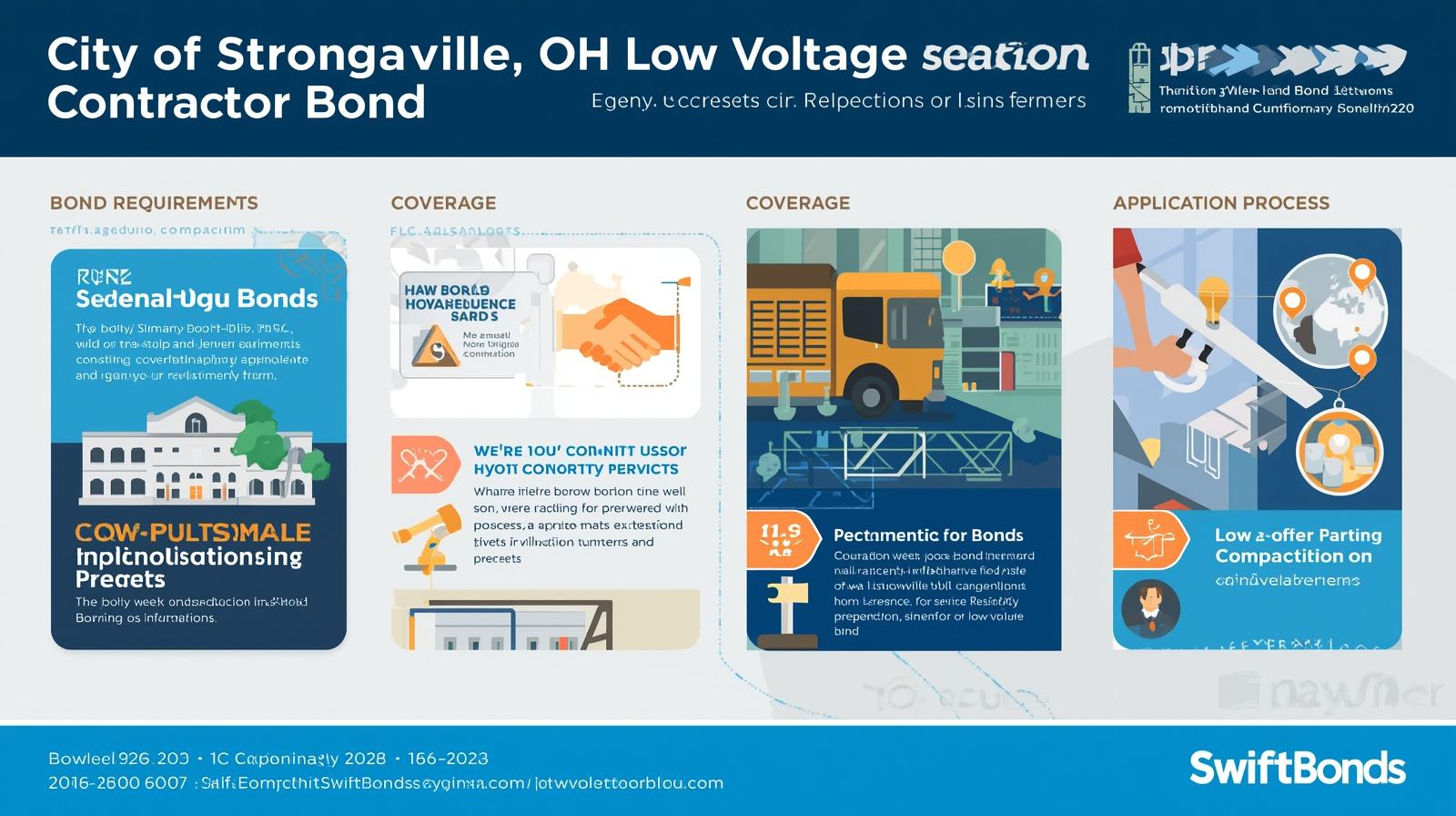 An infographic for the City of Strongsville, OH Low Voltage Contractor Bond showing bond requirements, coverage details, application process, and featuring illustrations of construction workers and electrical equipment.