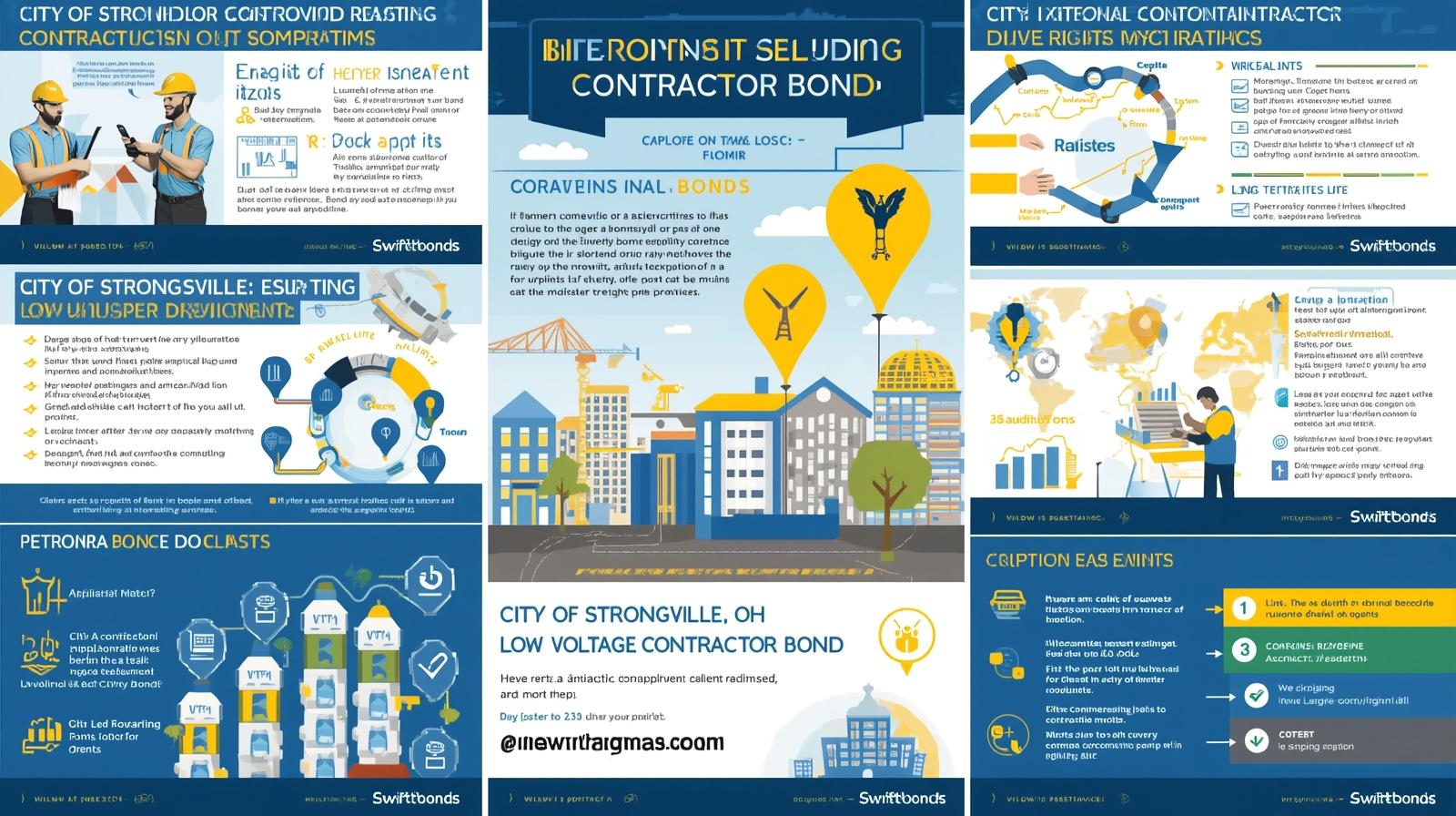 A collection of six infographic panels about various contractor bonds including City of Strongsville Low Voltage Contractor Bond, featuring construction themes, city skylines, and bond information with blue and yellow color schemes.