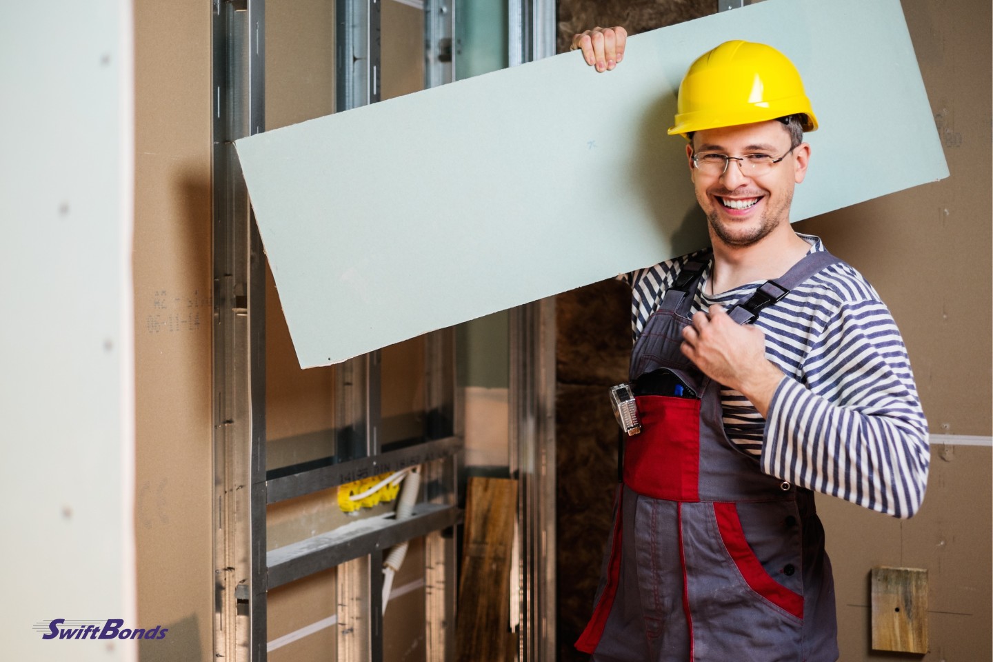 A plasterboard builder in the interior of a new building.