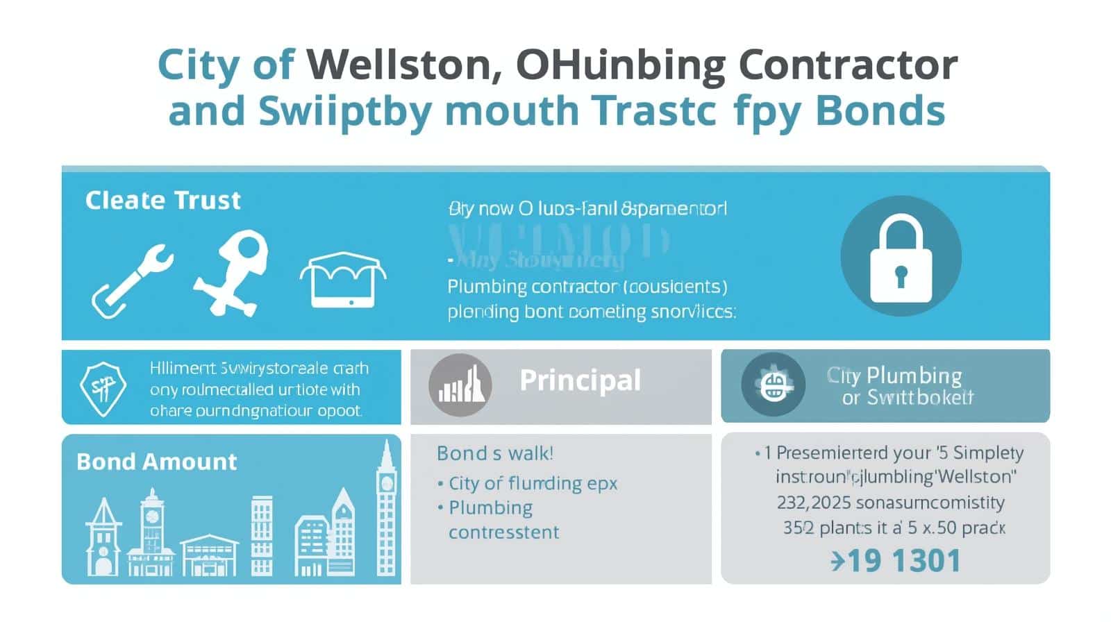 Infographic summarizing Wellston, OH plumbing contractor bond purpose, bond amount, and compliance requirements.
