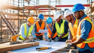 Construction team reviewing blueprints on-site in Clarksville, Tennessee, highlighting collaboration and planning on a commercial building project.