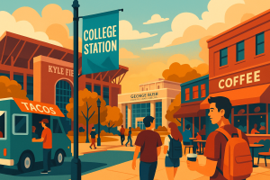 Illustration of College Station, TX featuring Kyle Field, George Bush Presidential Library, taco food truck, coffee shop, and students enjoying campus life