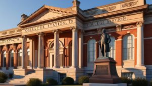 Historic architecture in College Station, TX with a statue and neoclassical columns under clear skies