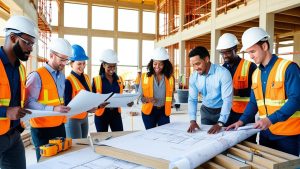 Diverse group of construction professionals reviewing blueprints at an active job site in College Station, Texas