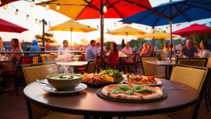 Outdoor dining scene in Columbia, South Carolina at sunset with colorful umbrellas, featuring fresh local dishes like pizza, soup, and salad on a vibrant patio.