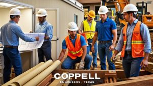 Engineers and builders in Coppell, Texas discussing construction plans at a job site trailer – showcasing teamwork, safety vests, and professional planning during development.


