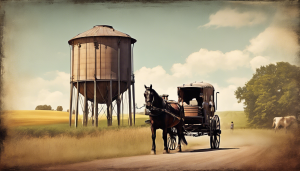 Historic rural scene in Coppell, Texas featuring horse-drawn carriage, water tower, and open farmland under blue skies – a nostalgic view of Texas heritage.

