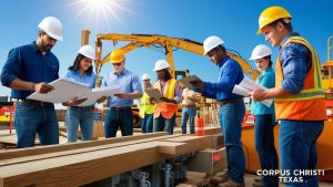 Corpus Christi, Texas construction workers collaborating on a commercial project site with heavy machinery and building materials in the background.