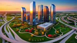 Aerial skyline of Legacy Business Park at sunset in Plano, Texas, illustrating large-scale developments supported by performance bonding.