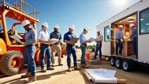 Group of contractors in DeSoto, Texas reviewing building plans near a mobile office, illustrating compliance with performance bonds and payment bonds for city construction projects.