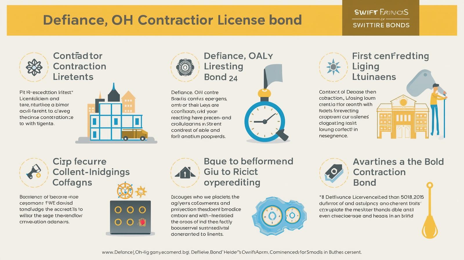 Illustrated guide detailing licensing steps, compliance requirements, and timelines for Defiance, OH contractor license bonds.