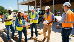 Team of contractors and engineers in Denton, Texas discussing blueprints and project requirements at a commercial construction site