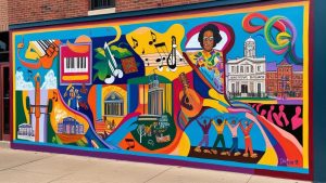 Colorful downtown mural in Denton, Texas showcasing local culture, music, history, and the iconic Courthouse-on-the-Square