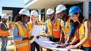 Diverse team of contractors and engineers collaborating on-site in Edinburg, Texas, representing teamwork backed by performance bonds in construction projects.