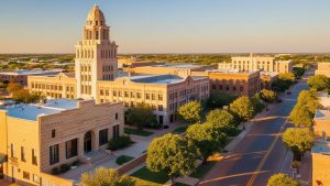Aerial view of downtown Edinburg, Texas, featuring historic courthouse buildings relevant to local construction regulations and performance bond enforcement.