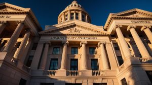 Front view of the Hidalgo County Courthouse in Edinburg, Texas, symbolizing the legal infrastructure supporting performance bond compliance for contractors.