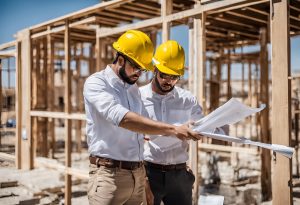 Two contractors in El Paso, Texas examining construction plans at a residential building site, underlining the role of performance bonds in compliance and risk management.
