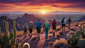Group of hikers exploring scenic desert trails overlooking El Paso, Texas at sunset, showcasing the city's natural beauty and outdoor lifestyle.