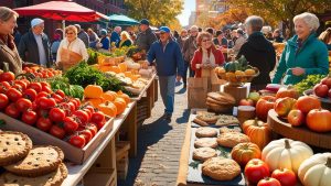 Local residents shopping at an open-air farmers market in downtown Erie, Pennsylvania, featuring fresh produce, pumpkins, and baked goods under autumn-colored trees.