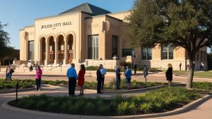 Contractors gather outside Euless City Hall, a common site for public projects requiring performance bonds in Euless, Texas.