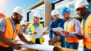 Construction professionals in Fort Worth, Texas wearing hard hats and safety vests discussing project plans on-site