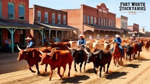 Cattle drive through the historic Fort Worth Stockyards, Texas, showcasing local cowboy heritage and Western culture