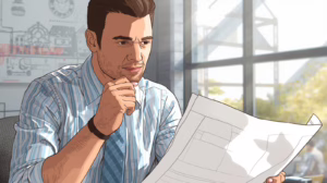 A contractor reviewing construction plans indoors, representing compliance and preparation for municipal sidewalk and infrastructure projects.