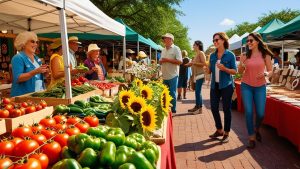 Farmers market in Flower Mound, TX with residents shopping for fresh produce and handmade goods—highlighting community engagement in a growing town that frequently requires performance bonds for local development.

