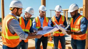 Franklin, Tennessee contractors in safety vests and hard hats discussing architectural plans during a building project inspection