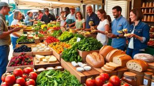 Franklin, Tennessee farmers market with fresh produce, smiling vendors, and local community gathering in a vibrant open-air market scene