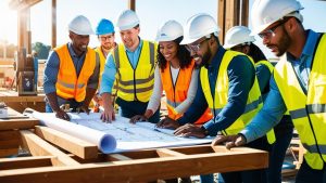 Construction crew in Franklin, Tennessee reviewing blueprints at a job site, wearing safety gear and planning a commercial development