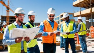 Construction team collaborating on site plans during a large-scale development project in Frisco, Texas surrounded by cranes and modern buildings

