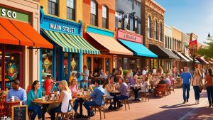 Vibrant downtown Frisco, Texas with colorful storefronts and people dining outdoors on Main Street