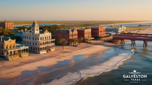 Historic beachfront buildings along the Galveston Seawall at sunset in Texas, showcasing Victorian architecture and coastal development zones.

