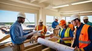 Project managers and engineers discussing building plans inside a construction office overlooking a Galveston, Texas jobsite, focused on permitting and bond approval.
