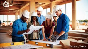 Garland, Texas construction team reviewing architectural blueprints inside a framing structure – performance bond project collaboration.
