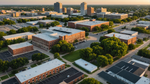 Downtown Garland, Texas government and commercial buildings at sunset – local infrastructure projects requiring contractor performance bonds.