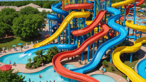 Aerial view of Garland, Texas waterpark with colorful slides – showcasing public recreational developments backed by performance bonds.