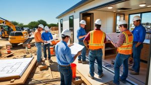 General contractors and engineers discussing plans at an active construction site in Georgetown, Texas — emphasizing compliance with city codes and bonds performance today.

