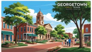 Illustration of historic downtown Georgetown, Texas showcasing red-brick buildings, tree-lined streets, and a vibrant pedestrian plaza — ideal for city development and municipal construction projects.

