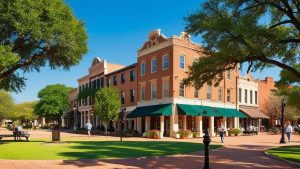 Scenic view of historic downtown Georgetown, Texas with classic red-brick architecture, green awnings, and tree-shaded walkways — highlighting commercial development potential.

