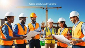 Construction professionals in Goose Creek, South Carolina wearing safety gear and examining blueprints on-site, representing performance bond planning for public projects.