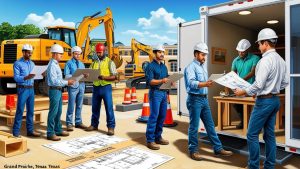 Engineers and contractors in Grand Prairie, Texas discussing site plans near excavation equipment, representing pre-construction phases often requiring performance bonds.